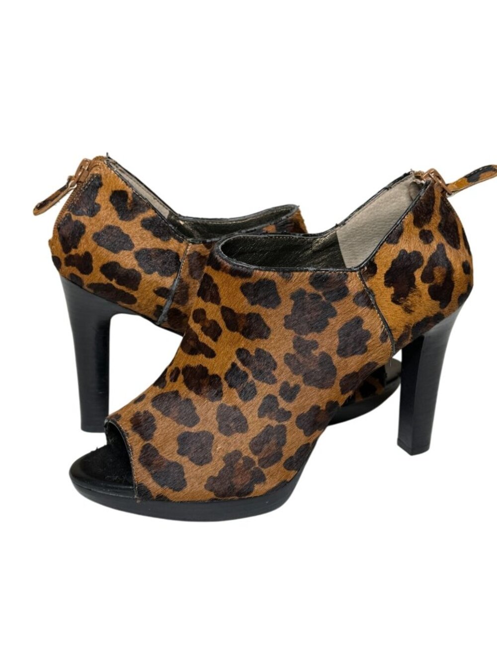 Banana Republic Womens 9 Leopard Calf Hair Peep Toe Booties High Heel Y2K